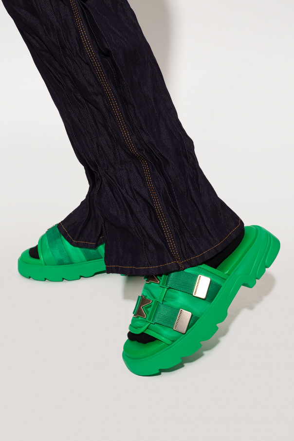 Green 'Flash' slides Bottega Veneta - Bottega Veneta Padded Woven Leather  Sandals in Purple - SchaferandweinerShops Bhutan